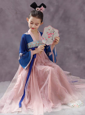 儿童中大童汉服古装唐装襦裙舞蹈服中国风古典舞演出服刺绣大裙摆