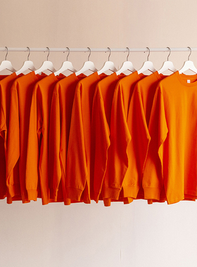 秋季新款橙色 橘色重磅纯棉打底衫圆领上衣BF风长袖T恤男女宽松潮