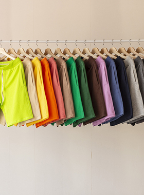 夏季新款荧光绿 橙色纯棉短裤男女 日系纯色宽松五分运动沙滩裤潮