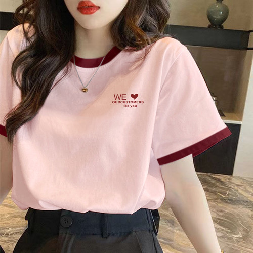 爱心红粉色别致短袖上衣夏季女装新款减龄休闲宽松透气纯棉T恤衫