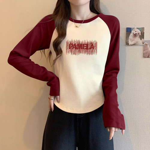 美式复古撞色插肩长袖t恤女秋冬季打底衫内搭短款修身显瘦上衣潮