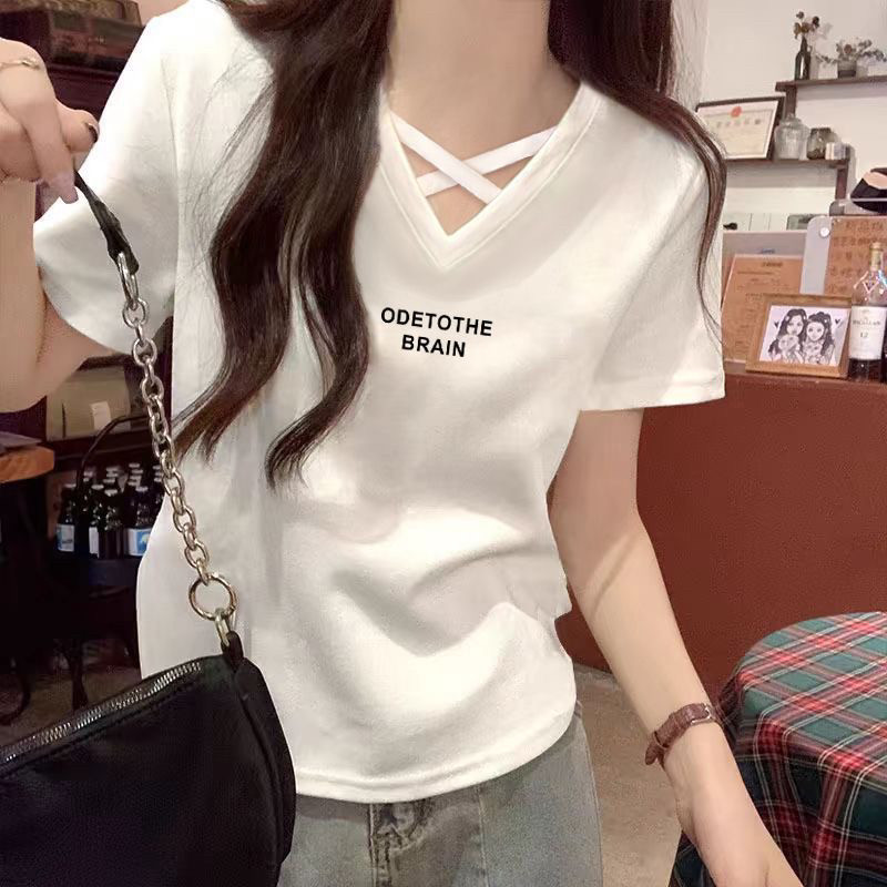 设计感V领交叉设计感正肩宽松大码上衣纯棉短袖t恤女2025夏季新款