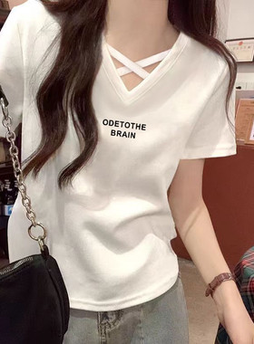 设计感V领交叉设计感正肩宽松大码上衣纯棉短袖t恤女2026夏季新款