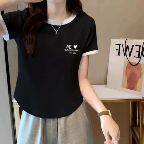 别致圆弧形短袖t恤女夏季新款设计感小众修身显瘦不规则正肩上衣