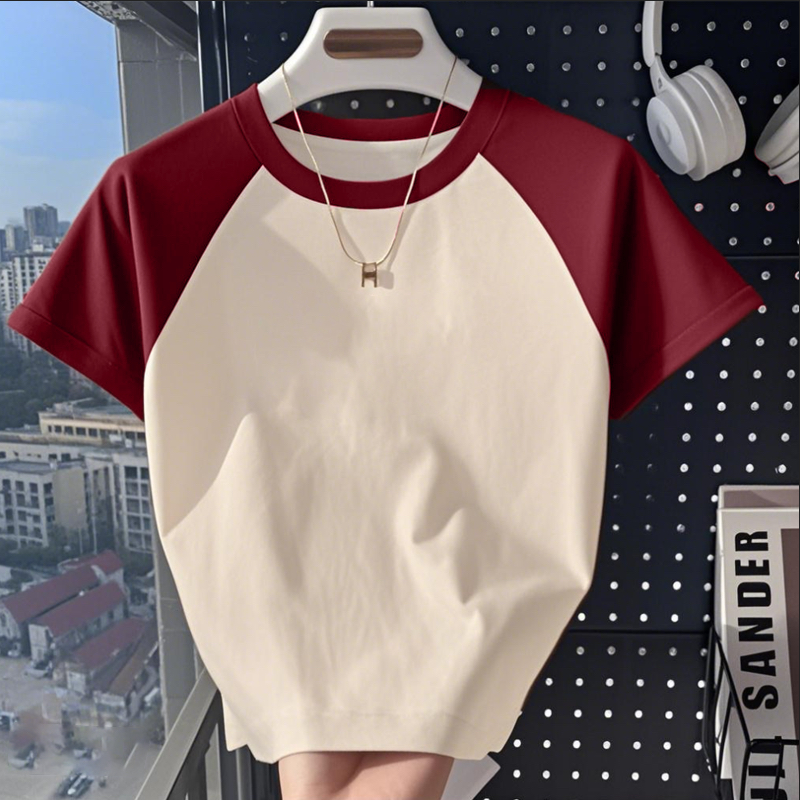 洋气红色插肩短袖女夏季爆款2025新款设计感显瘦修身短款T恤上衣