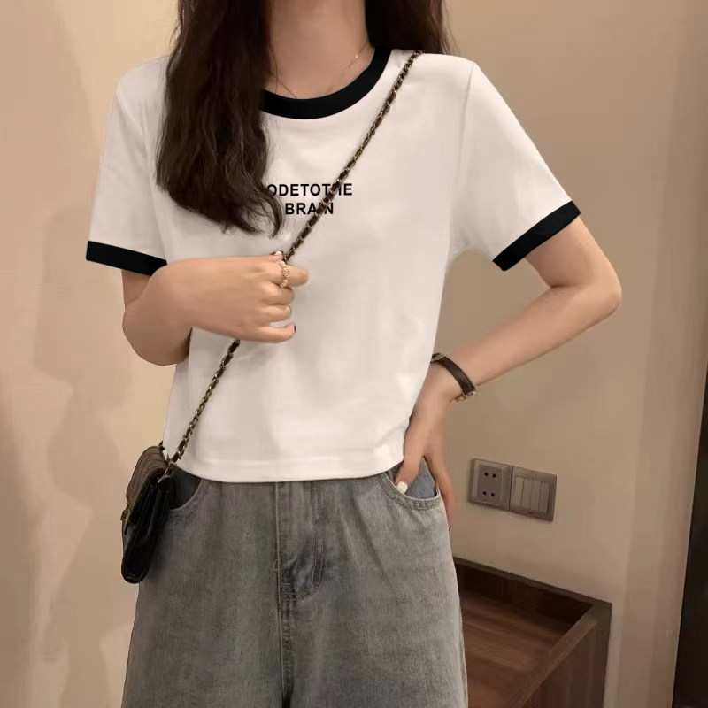 微胖小个子短款正肩短袖t恤女设计感小众高腰搭配阔腿裤上衣夏季图片