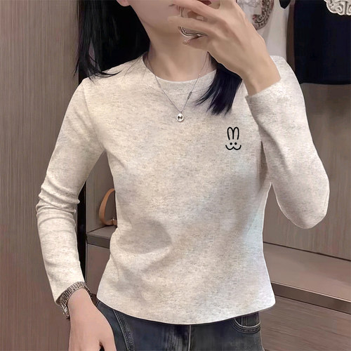 简约高级感正肩灰色短款长袖T恤女2025新款春秋季薄款内搭打底衫