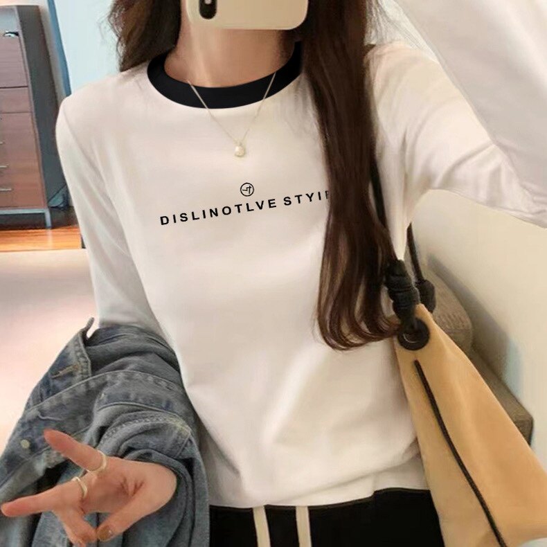 春秋季薄款纯棉白色长袖t恤女2026年新款上衣韩版宽松显瘦打底衫图片