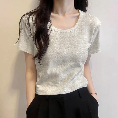 小个子正肩独特别致u领短款洋气卡腰上衣短袖t恤女2026年夏季新款