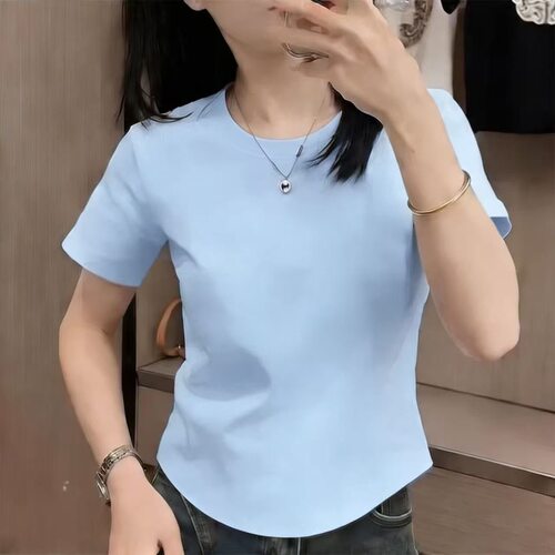 小众天蓝色不规则短袖正肩T恤女修身显瘦上衣洋气百搭半袖夏新款