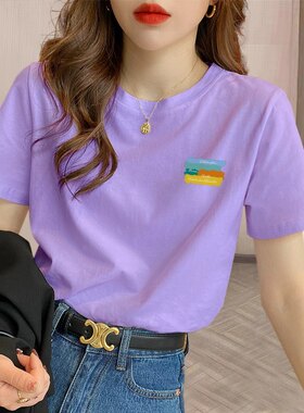 欧货纯棉香芋紫短袖t恤女2026年夏季新款上衣宽松显白小衫显瘦潮