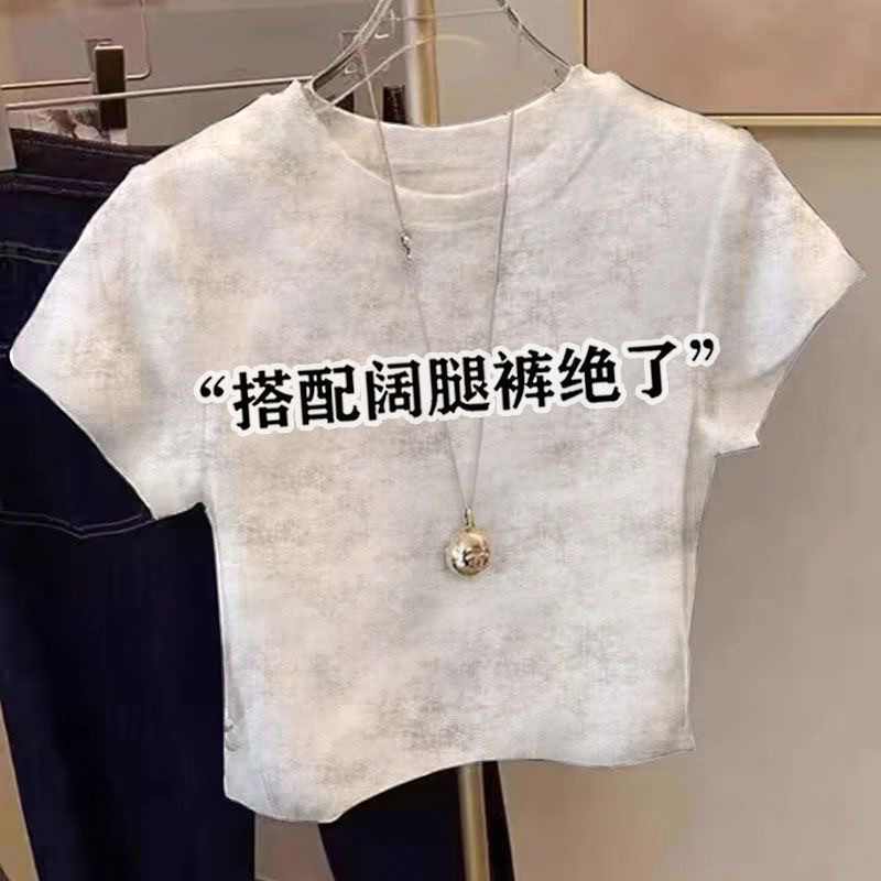 正肩扎染白色短款T恤女短袖2026夏季新款韩版修身高级感卡腰上衣图片
