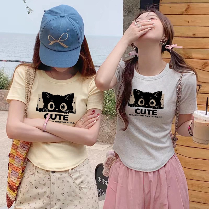 微胖小个子遮肚短款小上衣独特别致韩系正肩显瘦百搭弧形短袖T恤图片