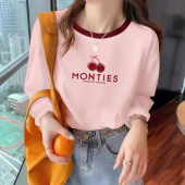 打底衫 初秋纯棉粉色长袖 休闲百搭上衣春秋薄款 新款 t恤女2025韩版