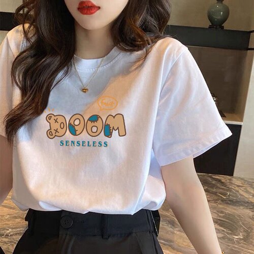 纯棉女T恤夏季新款上衣宽松大码100%纯棉网红ins风纯色打底衫圆领