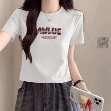 正肩T恤女2025新款夏季白色纯棉短款修身高级感欧货短袖洋气上衣