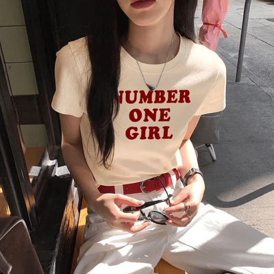 高级感杏色正肩短款小个子上衣女2025新款夏季设计感小众短袖T恤
