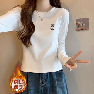 时尚圆领正肩纯色德绒加厚长袖t恤女短款上衣可外穿打底衫秋冬季