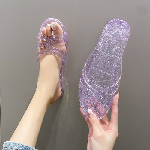 高颜值水晶凉拖鞋女一字拖平底鞋