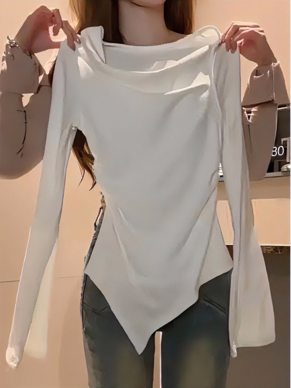 봄 가을 여성용 흰색 원 숄더 긴팔 티셔츠 불규칙한 슬림 핏 이너 레이어드 셔츠 허리를 돋보이게하는 패션 핫걸 탑