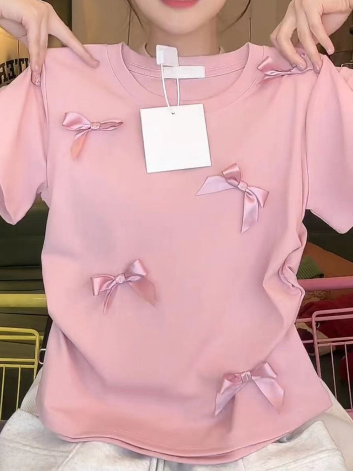 COTTON KOREA DONGDAEMUN 2024 SUMMER WOMENS NEW ROUND NECK BOW SWEET AGE REDUCTION SHORT SLEEVE T-SHIRT WOMEN