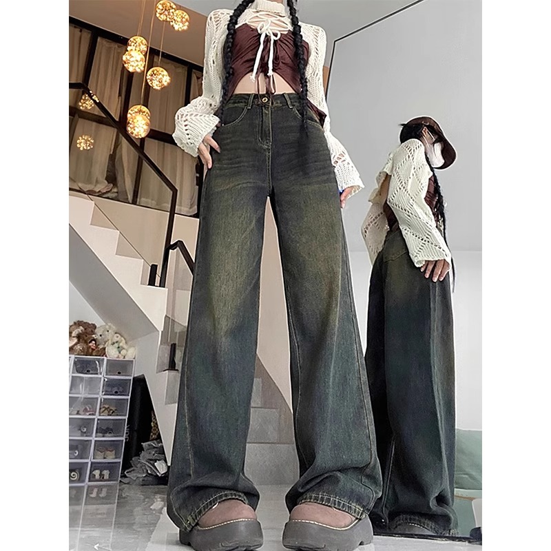 水泥灰阔腿牛仔裤女新款