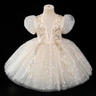 六一儿童节演出服蓬蓬裙香槟色礼服公主裙女童纱裙儿童主持人礼服