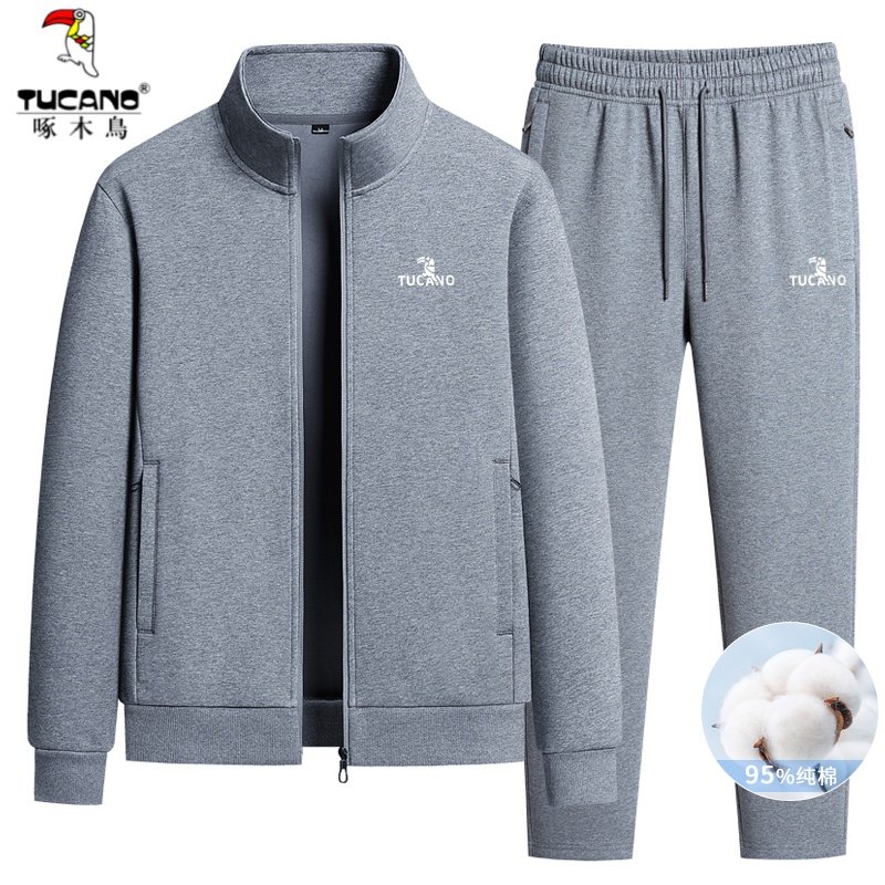 啄木鸟套装男士纯棉春秋新款立领外套裤子休闲运动服中老年两件套