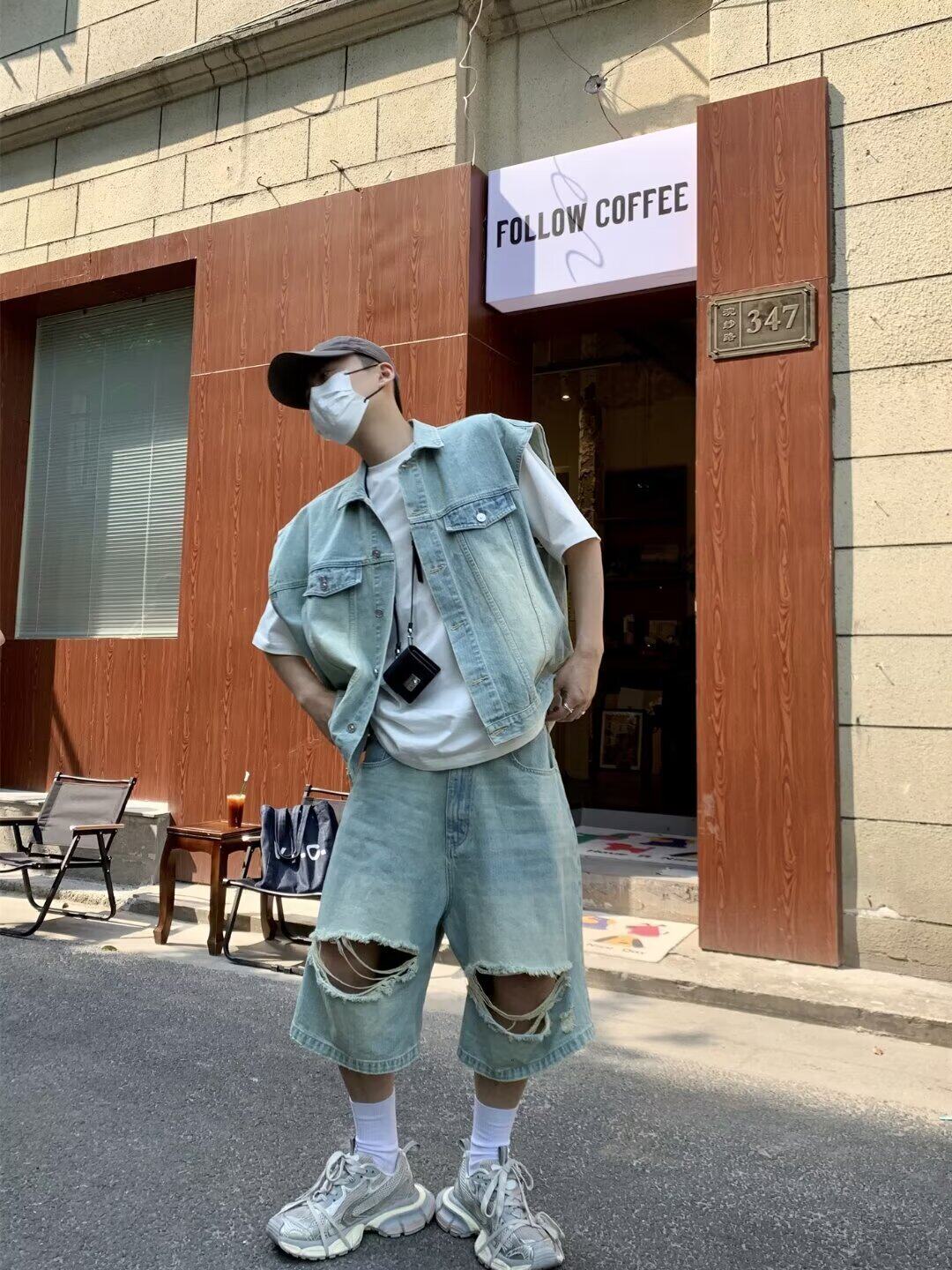 아메리칸 레트로 데님 조끼 찢어진 반바지 남녀 투피스 슈트 여름 커플 루즈 민소매 조끼 자켓