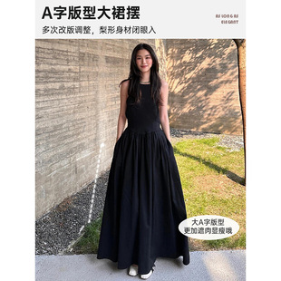 无袖 黑色圆领背心连衣裙女夏2025新款 海边度假掐腰显瘦a字长裙子
