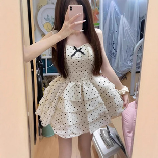 法式 收腰显瘦吊带裙 甜美学院风辣妹波点蓬蓬裙小个子夏季 新款