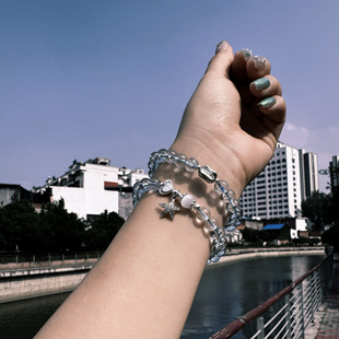 原创冰种玻璃体海蓝宝托帕石手链女白猫眼石手工藏银人鱼海星吊坠