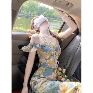 一字肩连衣裙女夏法式 韩系气质浪漫小飞袖 茶歇海边度假风气质