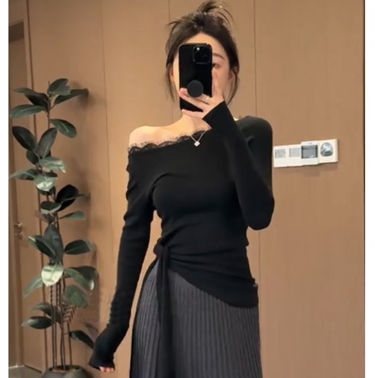韩版温柔风蕾丝斜肩绑带针织衫女2025早秋季收腰开叉上衣女