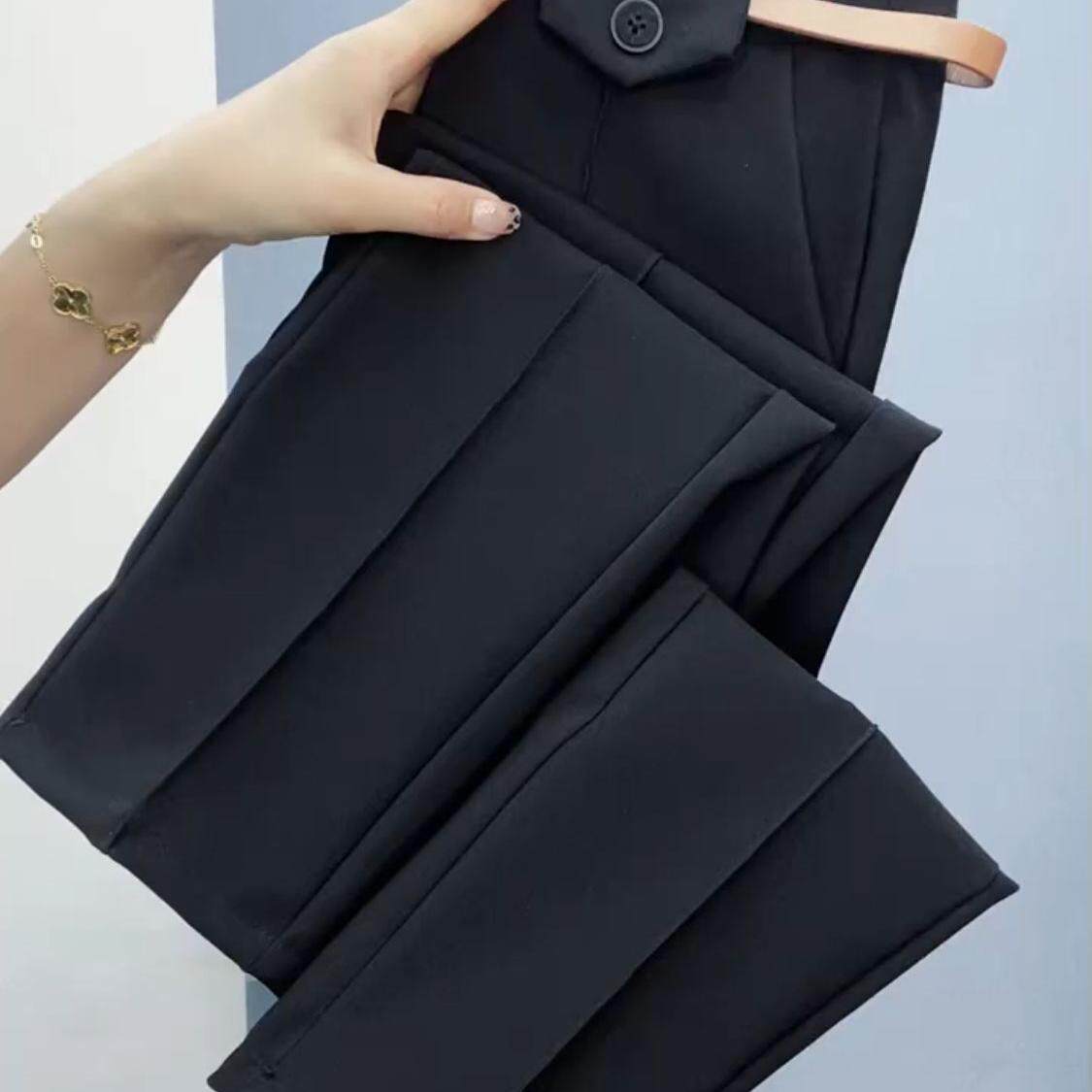 欧洲站2026年春夏新款黑色鱼骨线九分裤韩版高腰弹力百搭直筒裤潮