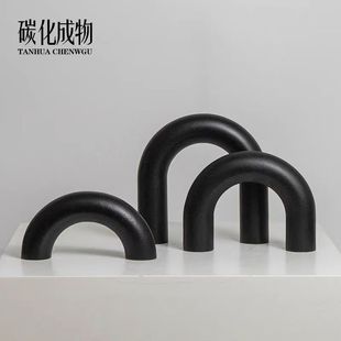 现代简约黑色木纹拱门几何艺术摆件样板间售楼处书房电视柜软装 饰