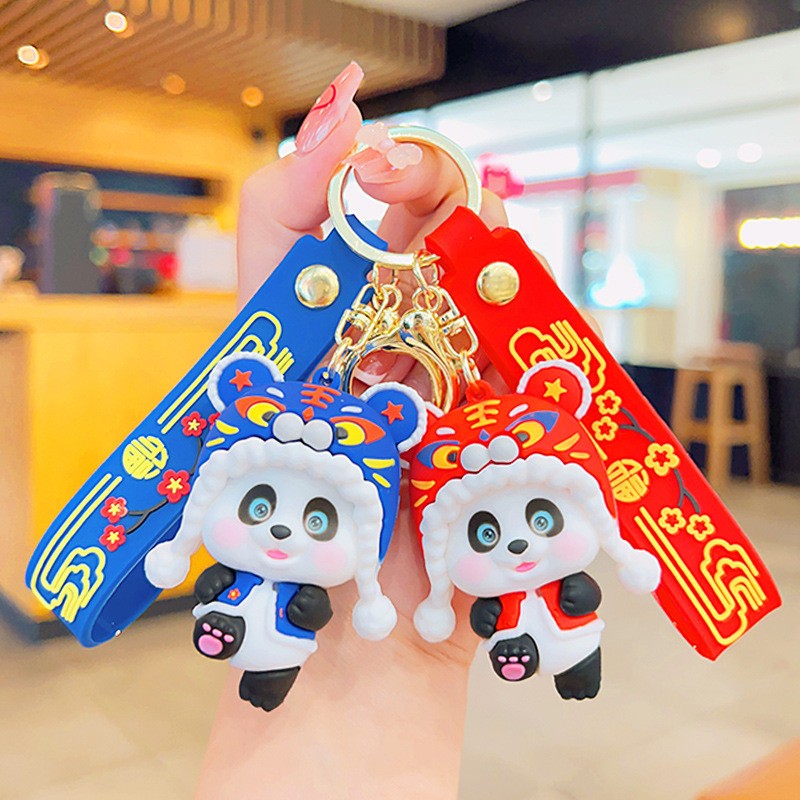 国潮帽子熊猫卡通钥匙扣挂件礼品挂坠背包公仔PVC钥匙链挂饰