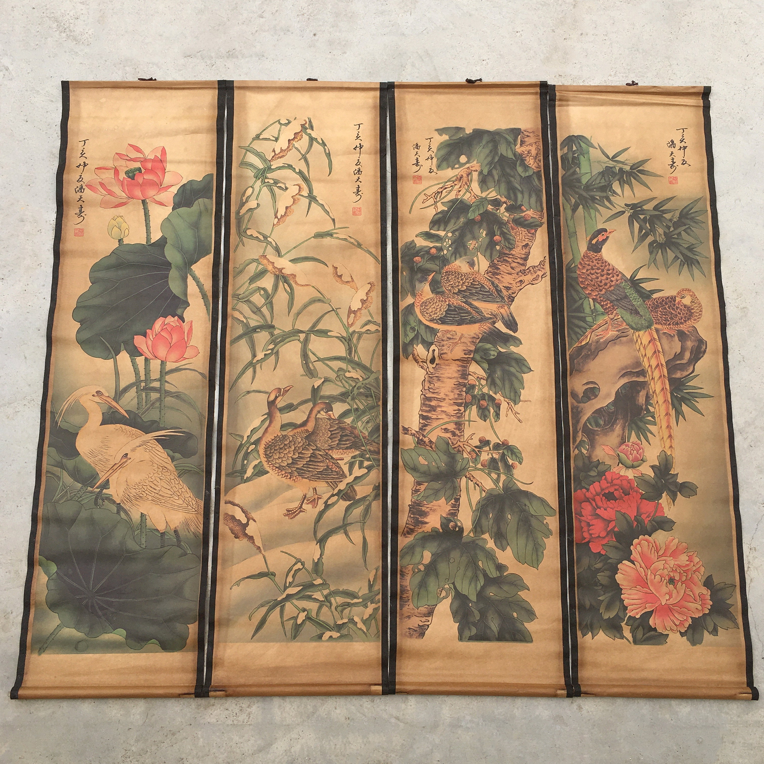 潘天寿古画荷花鸟四条屏挂画复古农村堂屋家用客厅装饰仿古中堂画图片