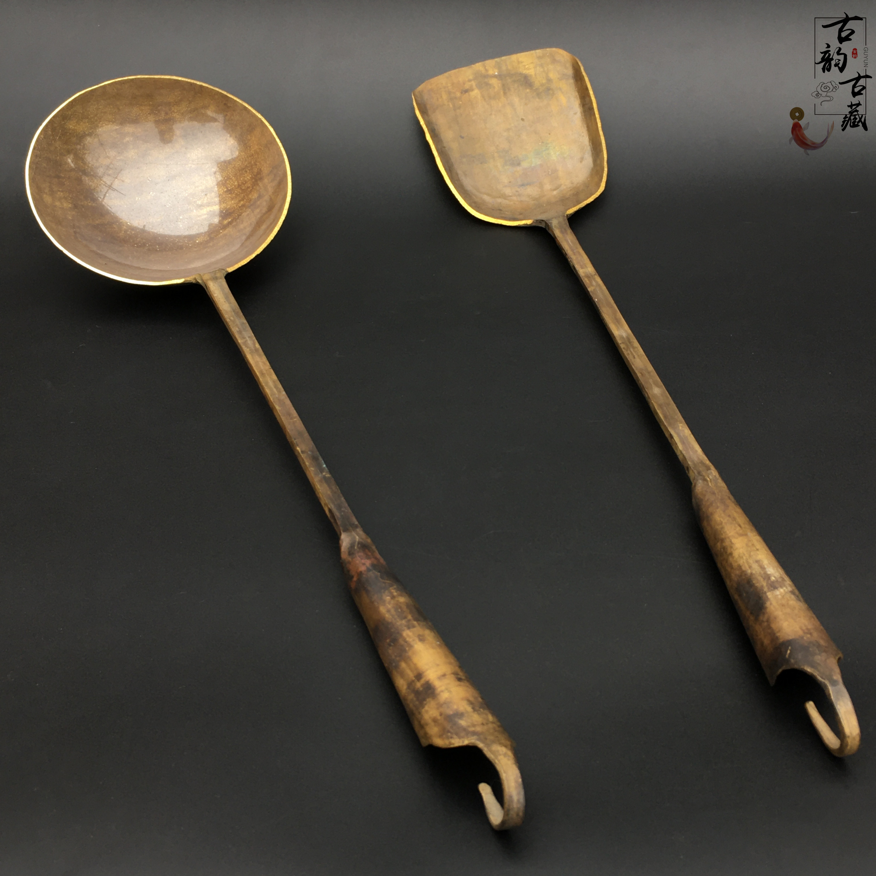 怀旧民俗古玩老式黄铜勺子铲子古代家用传统老物件仿古铜饭勺摆件
