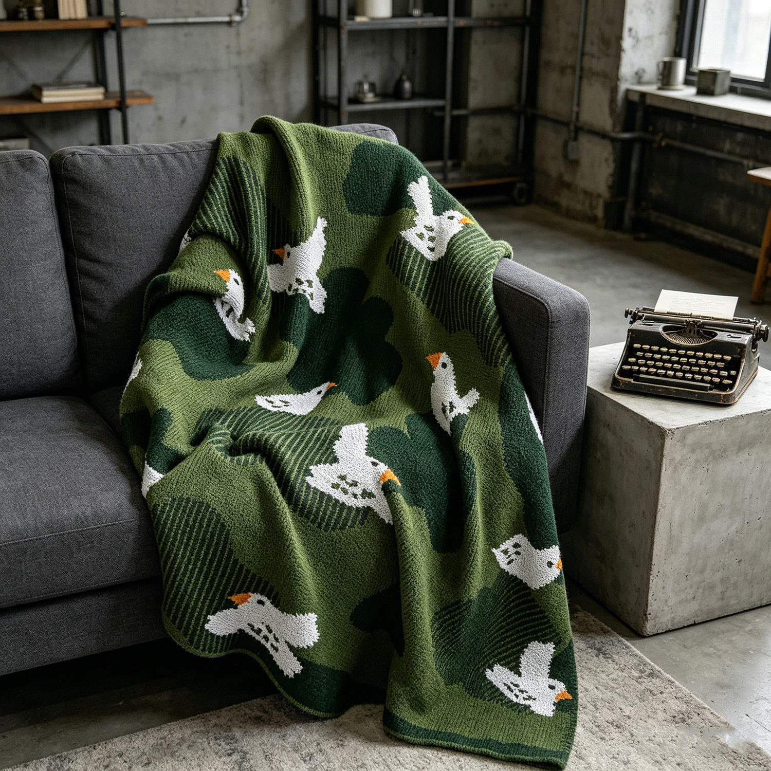 卡通动物针织毛毯绿色小鸭子图案双层加厚保暖休闲毯家用