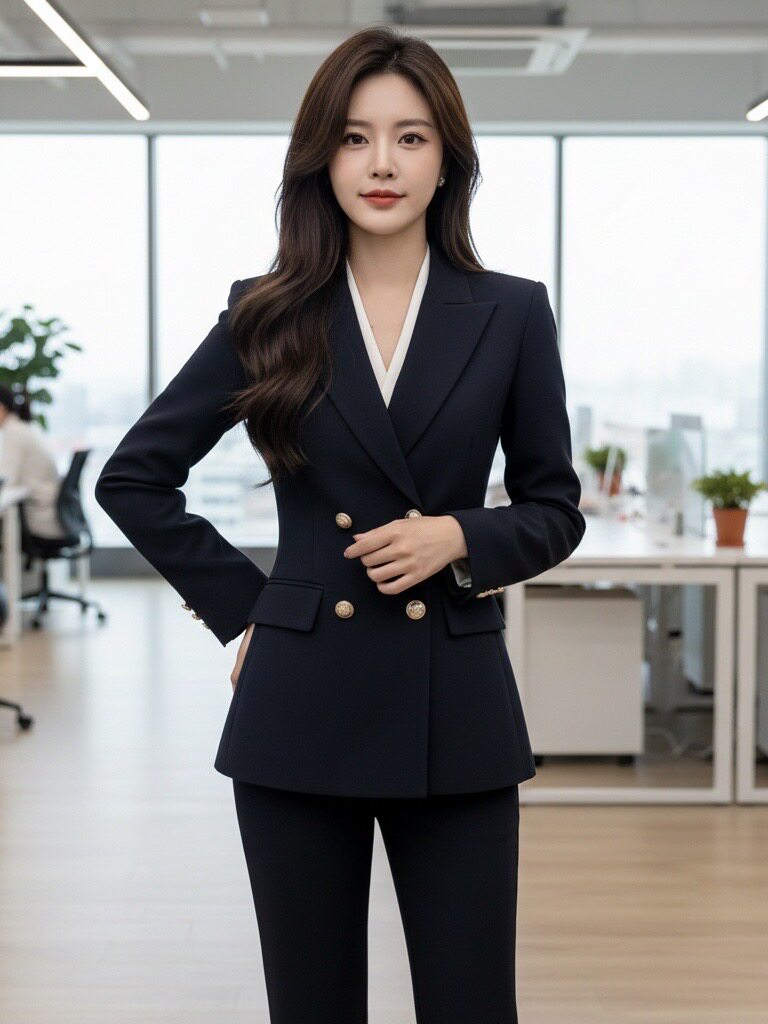 职业装女双排金色扣喇叭裤套装春秋时尚气质正装工装西服前台白领