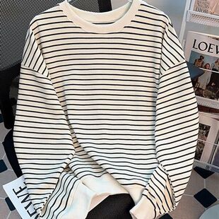 上衣 即墨宽松百搭长袖 韩系慵懒风无帽圆领条纹套头卫衣女秋季 薄款