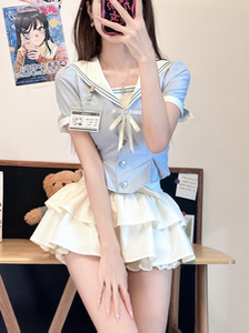 美式学院风收腰显瘦jk制服套装水手领衬衫上衣+蓬蓬裙甜酷两件套