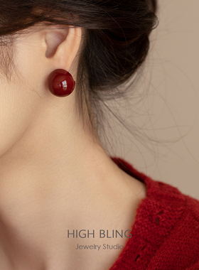 秋冬新年红复古车厘子中古珐琅球耳饰无耳洞女蚊香盘耳夹港风高级