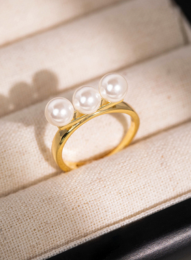 刘亦菲玫瑰同款平衡木水晶珍珠开口可调节戒指女铜镀金保色高级感