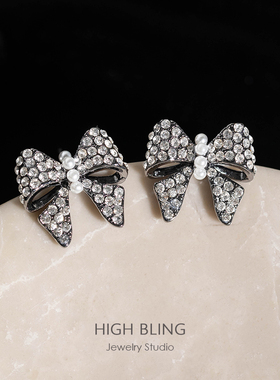 复古黑色爆闪满钻蝴蝶结时髦耳饰无耳洞女蚊香盘耳夹出口外贸饰品