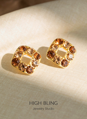 【美拉德方糖】焦糖几何复古轻奢秋冬耳饰无耳洞女蚊香盘耳夹满钻