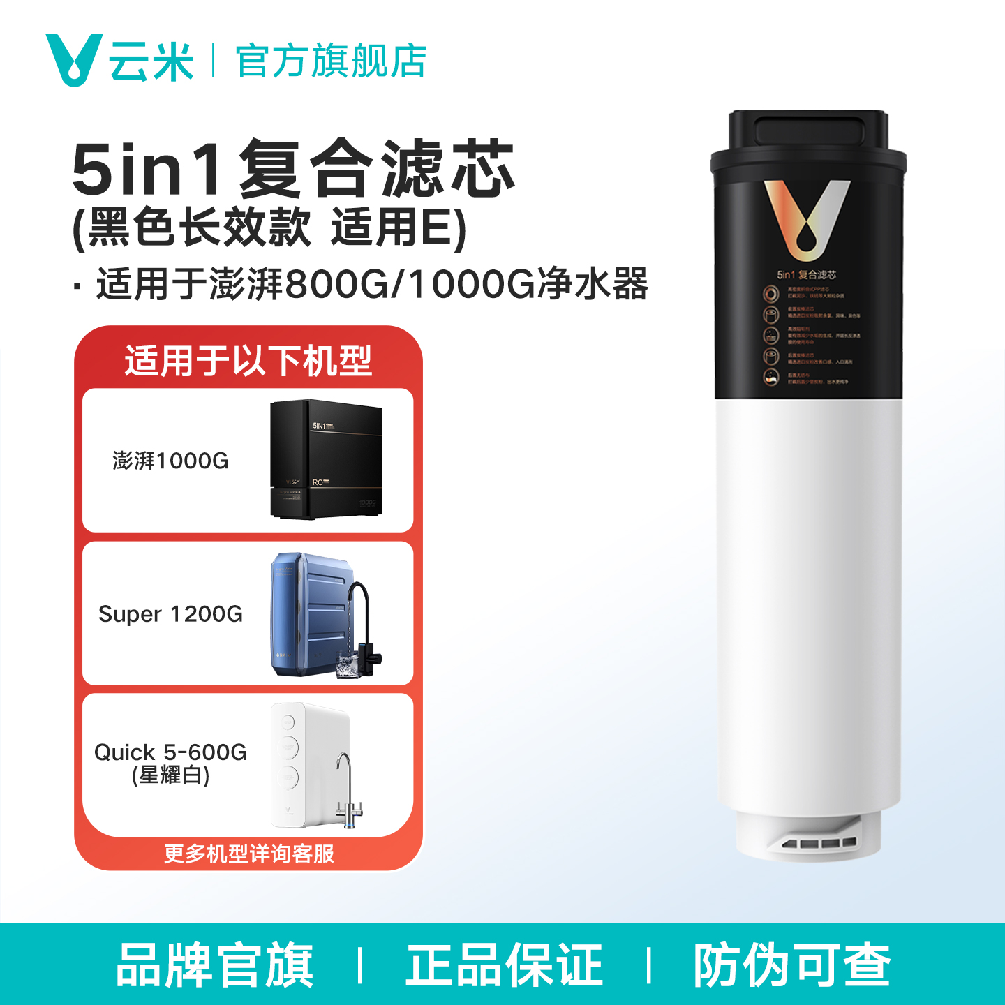 云米净水器滤芯5in1复合滤芯黑色长效款适配澎湃1000G净水器