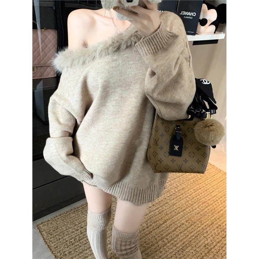 慵懒风露肩辣妹休闲套装女秋冬斜肩毛毛领针织毛衣卷边短裤两件套