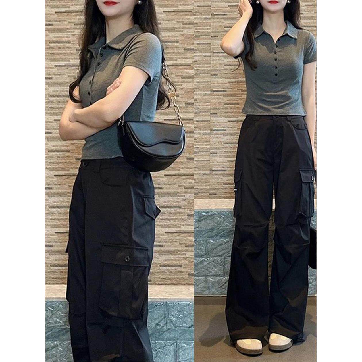 2025新款美式正肩polo领短袖上衣女夏小个子短款修身气质翻领体恤